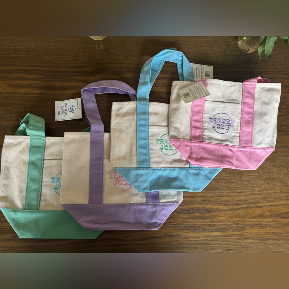 4 for $35 Trader Joe’s mini Canvas pastel Tote Bag Set Pink, Blue, Green, Purple